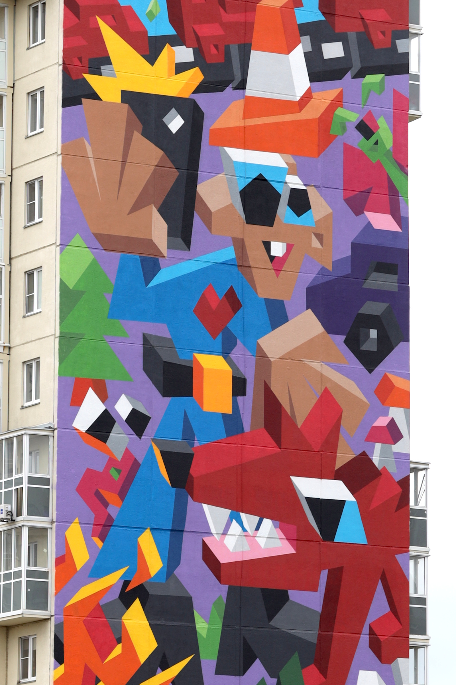 A close-up view of the colorful mural.