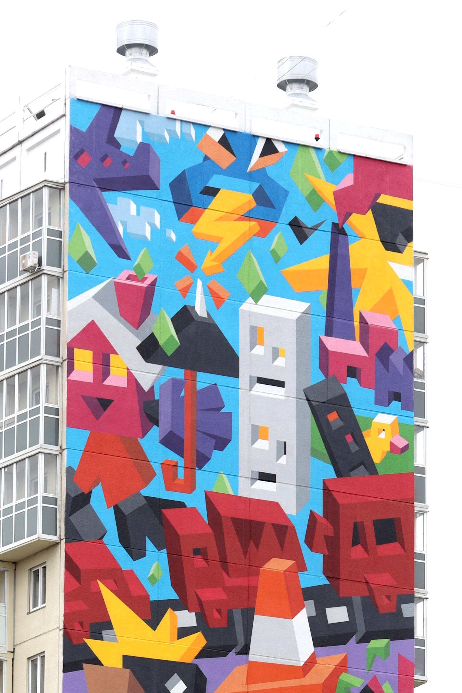 A close-up view of the colorful mural.